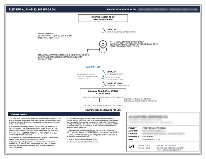 Single-line diagram, client details hidden